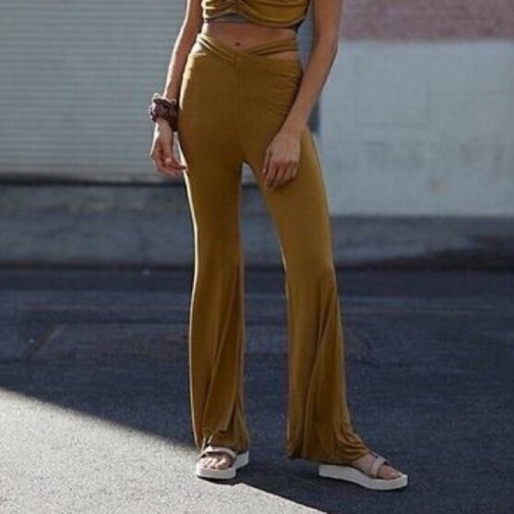 Free People Movement Mustard Cross Over Waist Flared Pull On Pants Size Medium